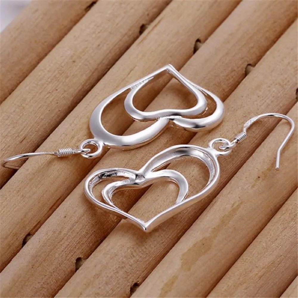 Cute Sterling Silver Double Heart's Drop Earrings " Hypoallergenic " - Picture 2 of 3